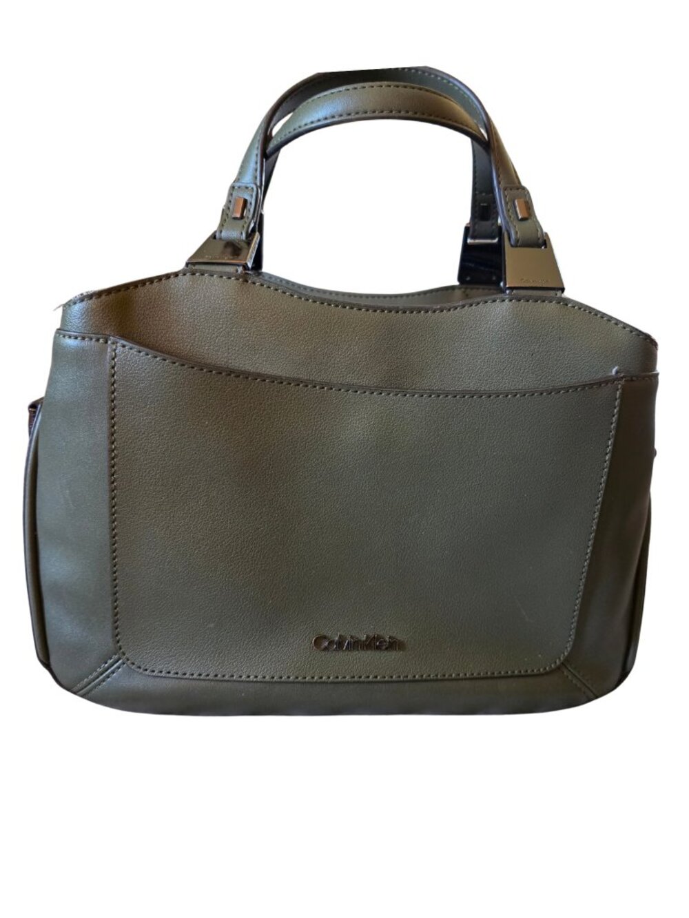 Calvin Klein Olive Green Structured Satchel Top Handle Bag
